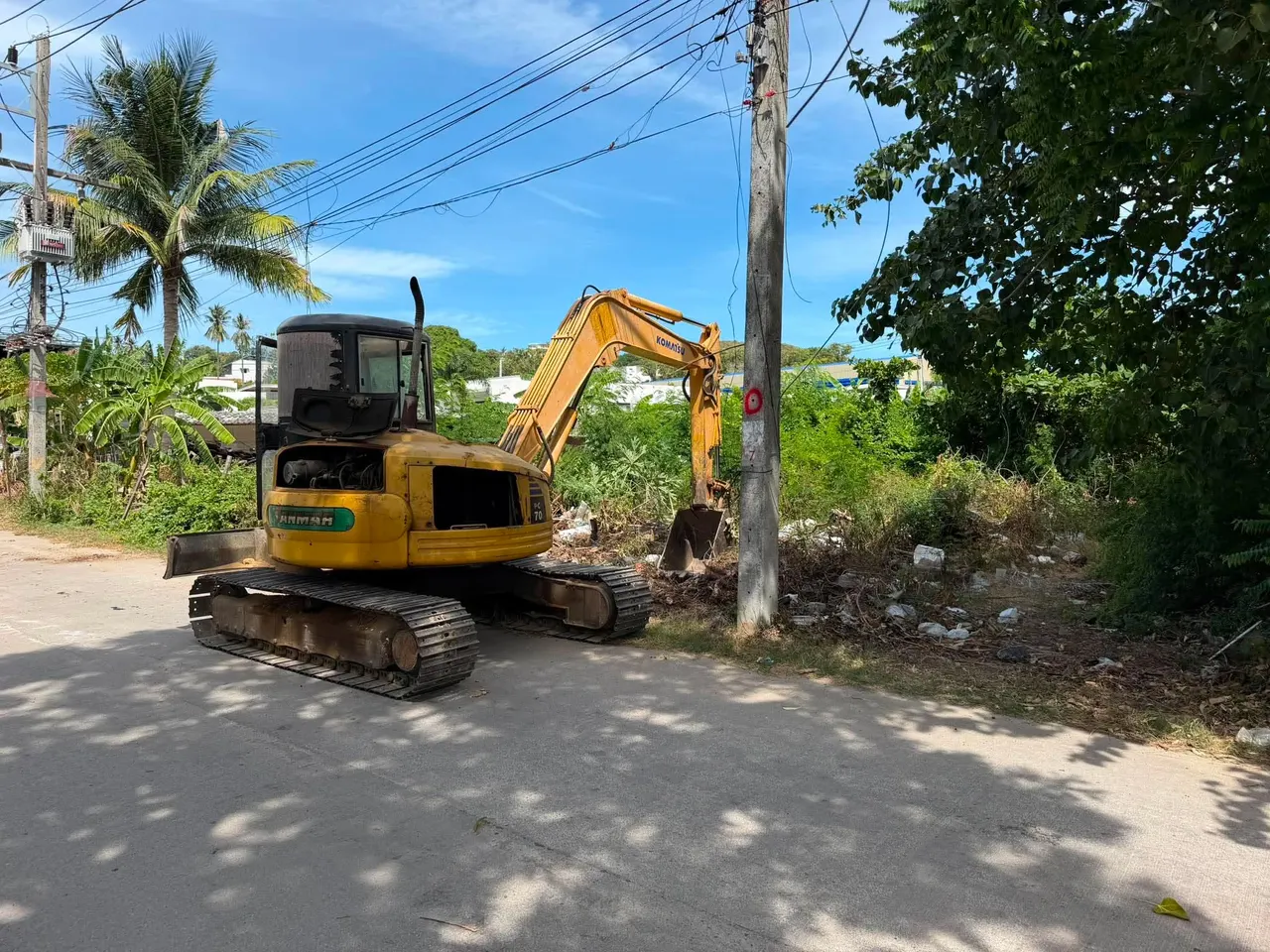 Excavator starting on the waste and overgrowth at the edge of the plot